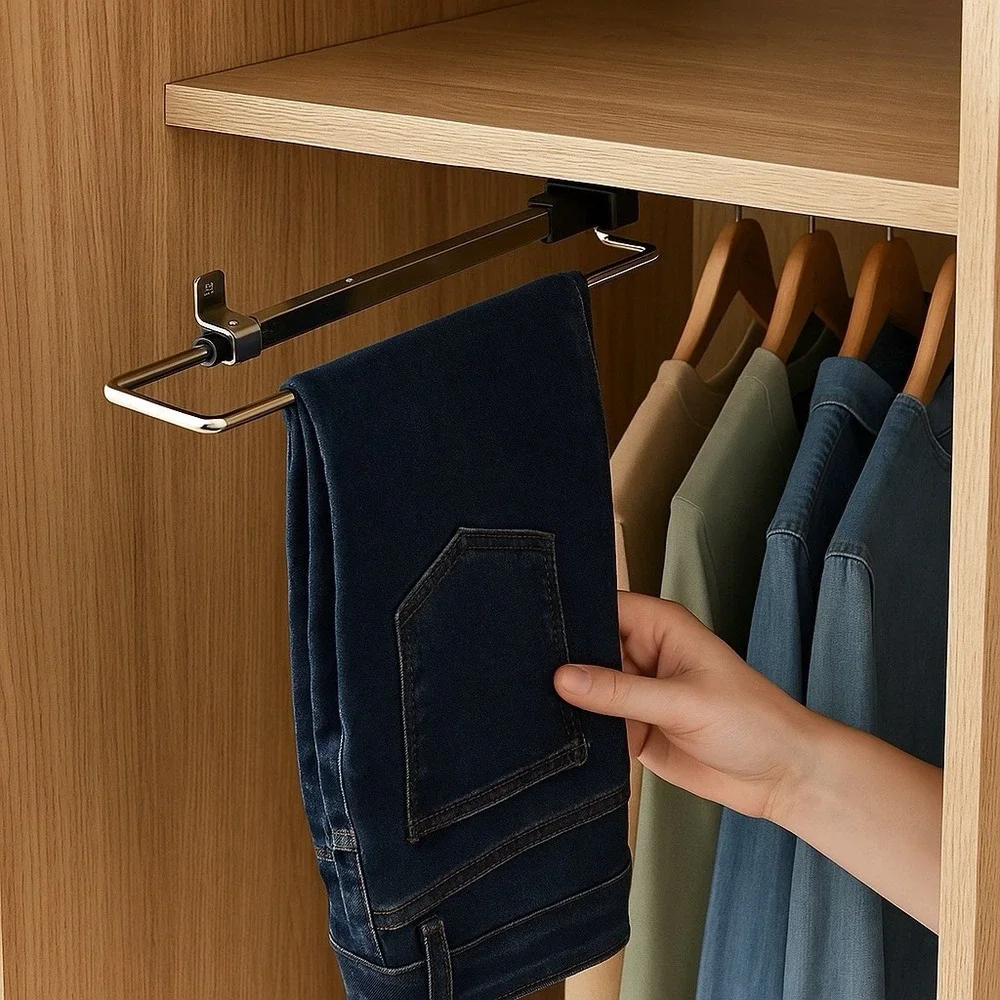 Closet Pull Out Pants‎ Rack – Retractable Sliding Wardrobe Hanger, Space Saver
